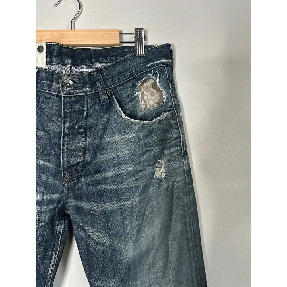 MORRISON Men's Dark Wash Distressed Patchwork Straight Leg Jeans Size 31 Waist